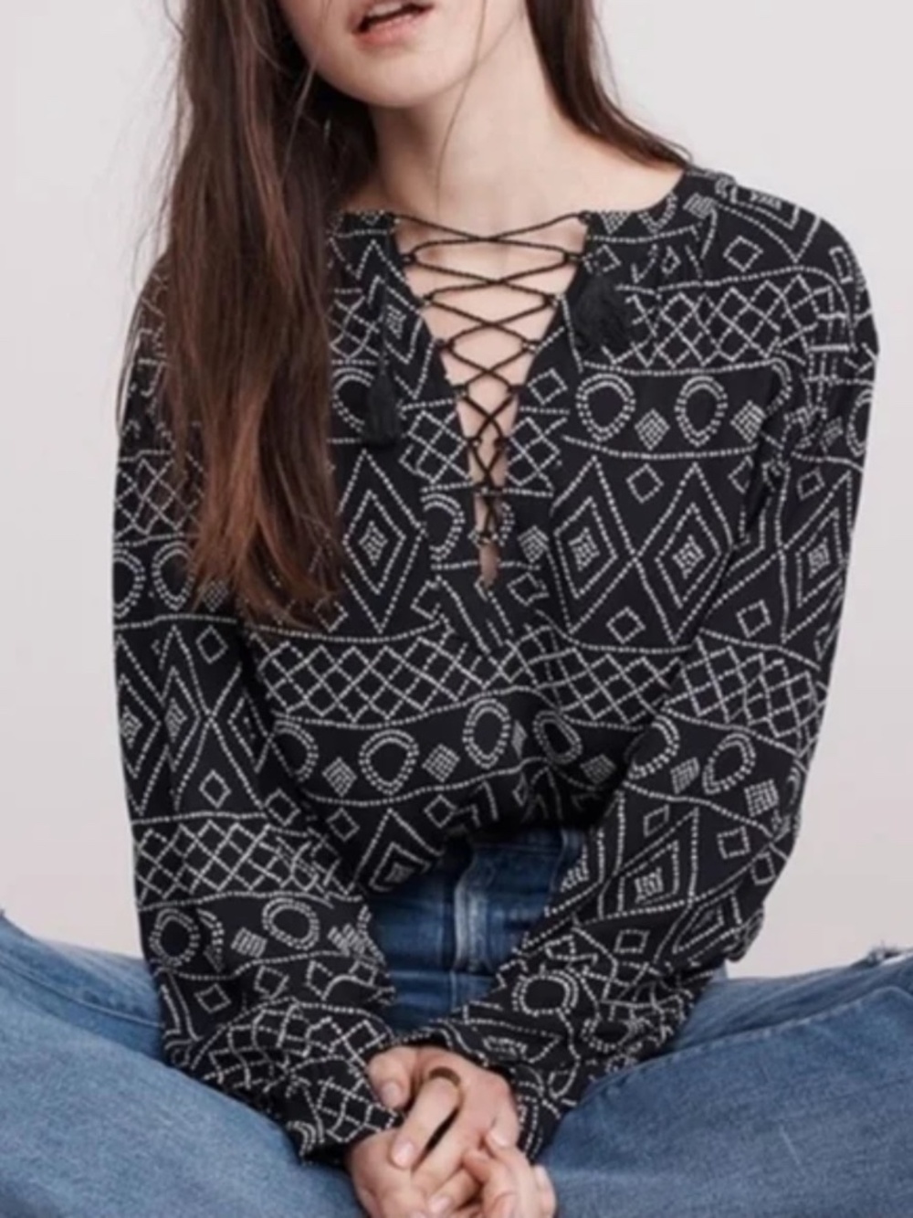 Madewell Women's Black White Caravan Print Lace-up Peasant Top Size S